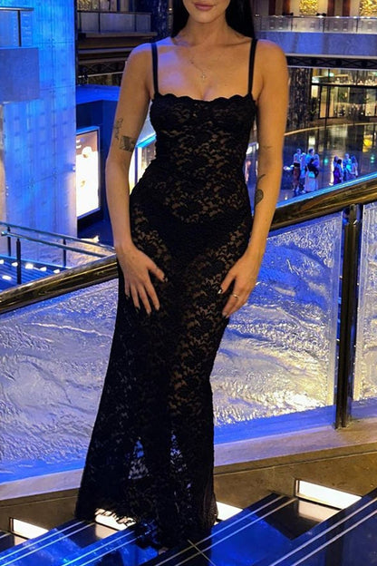 Vestidos sexis de encaje sólido transparente con cuello cuadrado y falda cruzada