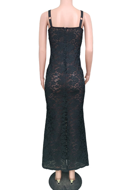 Vestidos sexis de encaje sólido transparente con cuello cuadrado y falda cruzada