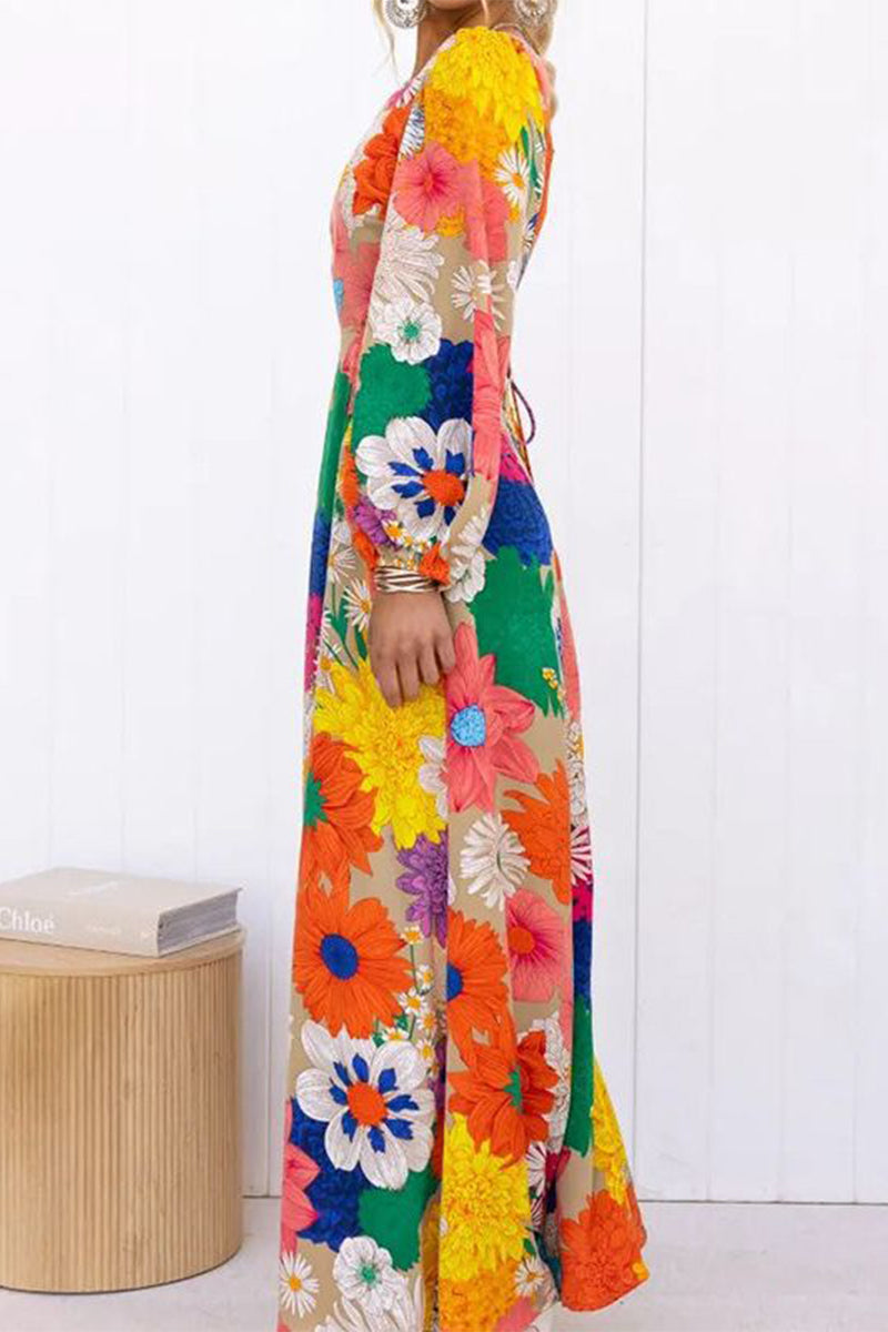 Elegantes vestidos de corte A con escote en V y frenillo floral