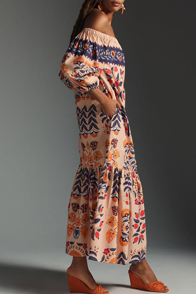 Elegante vestido universitario con estampado floral y hombros descubiertos