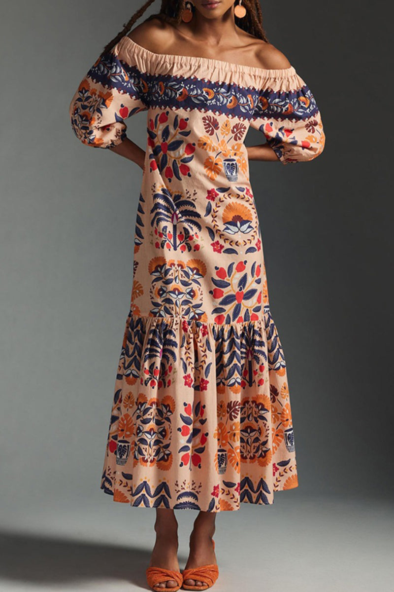 Elegante vestido universitario con estampado floral y hombros descubiertos