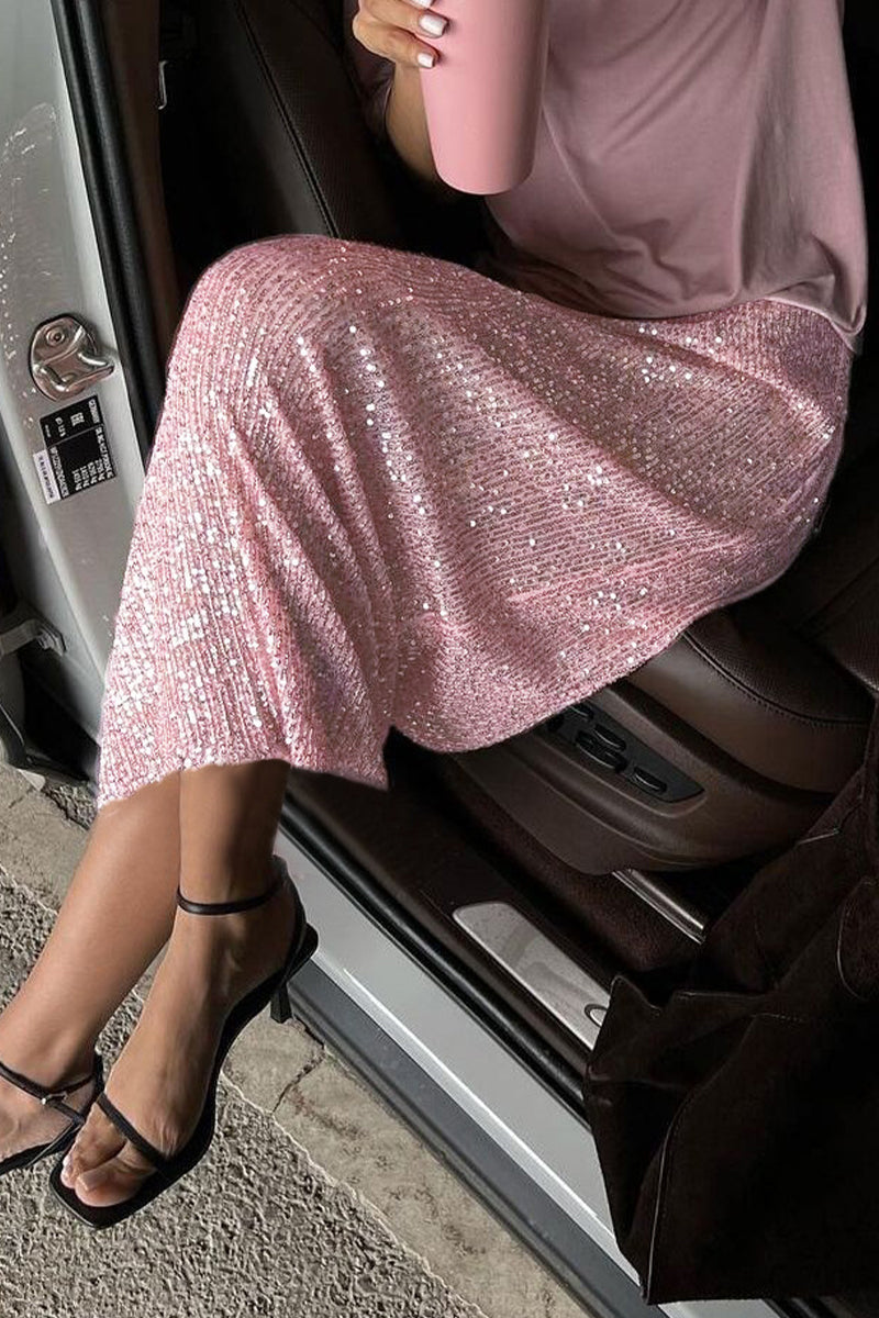 Elegante pantalón recto de lentejuelas lisas de color liso