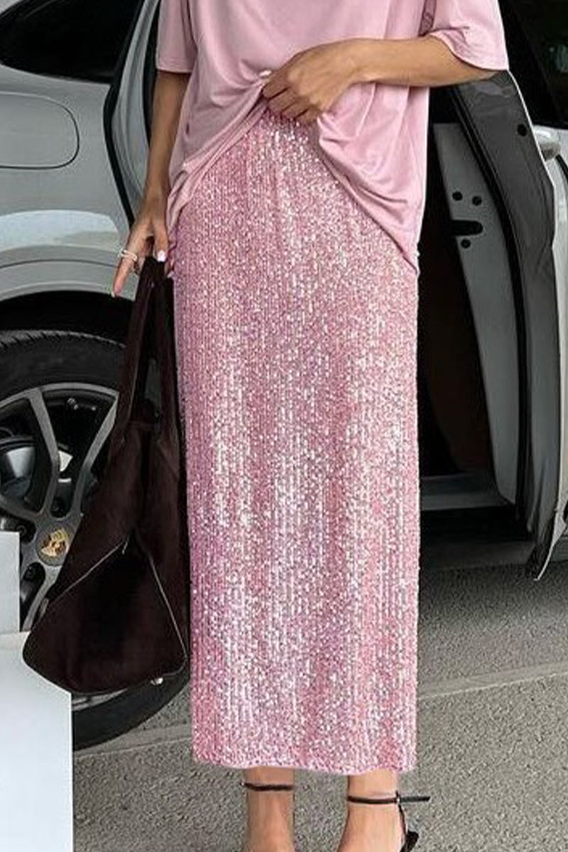 Elegante pantalón recto de lentejuelas lisas de color liso