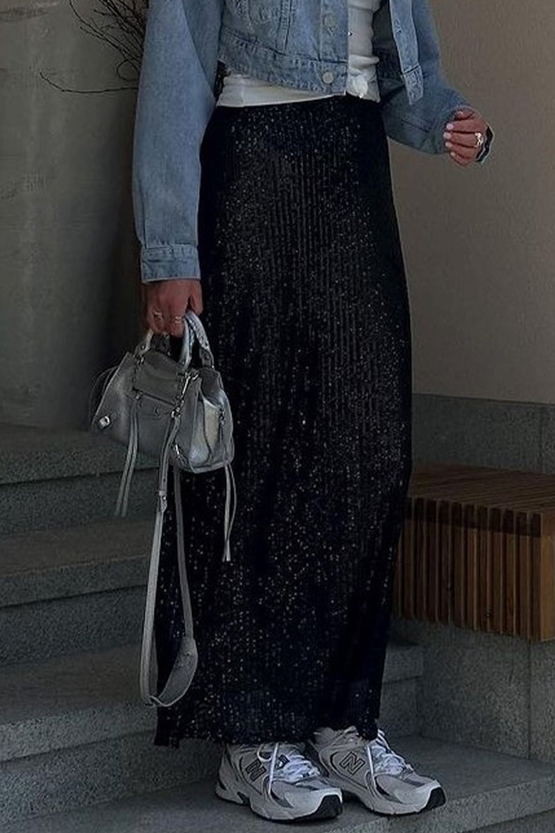 Elegante pantalón recto de lentejuelas lisas de color liso