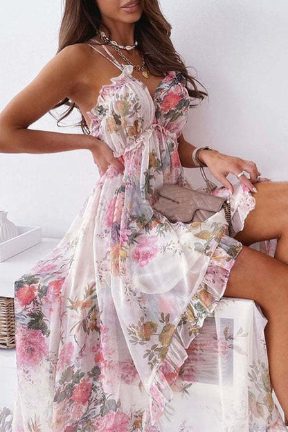 Vestido irregular con escote en V y espalda descubierta con flores dulces
