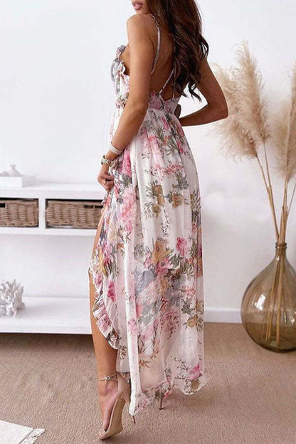 Vestido irregular con escote en V y espalda descubierta con flores dulces