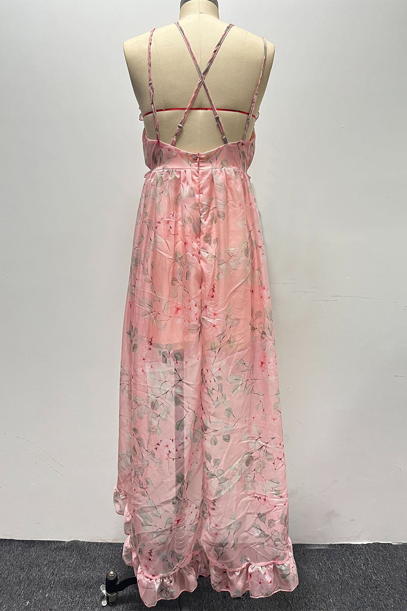 Vestido irregular con escote en V y espalda descubierta con flores dulces