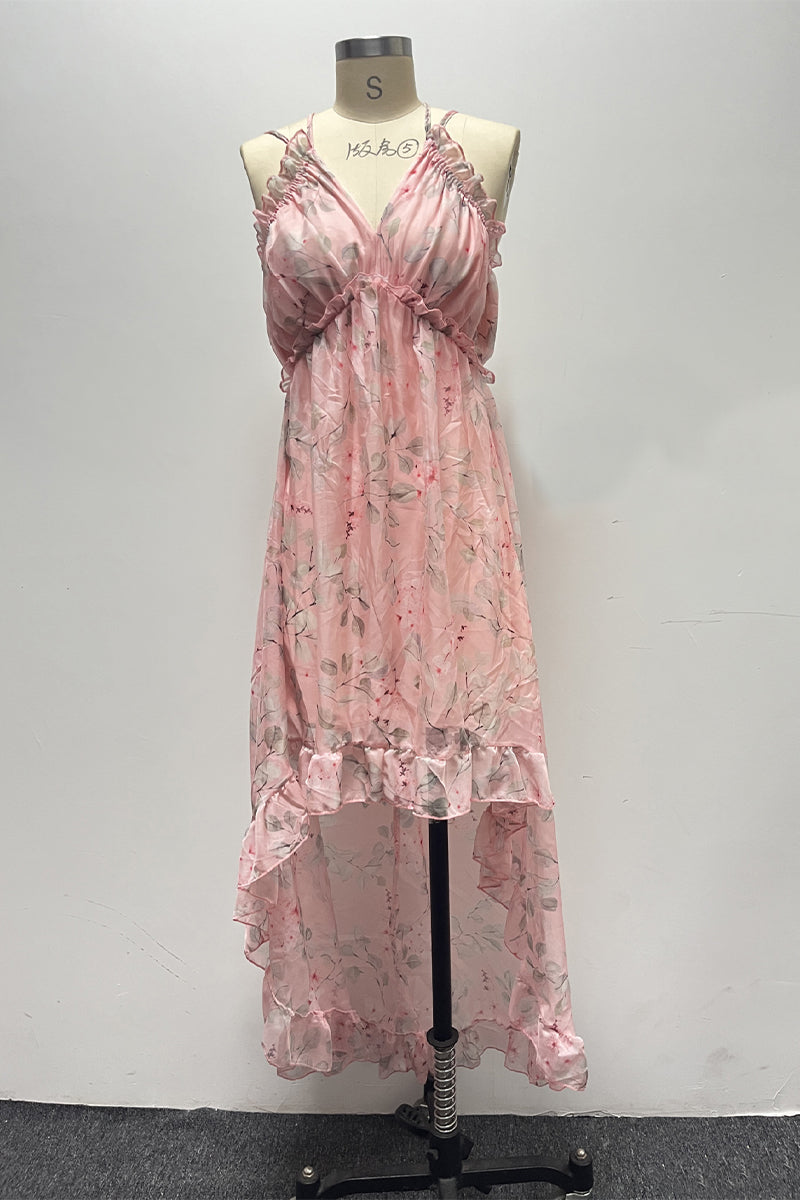 Vestido irregular con escote en V y espalda descubierta con flores dulces