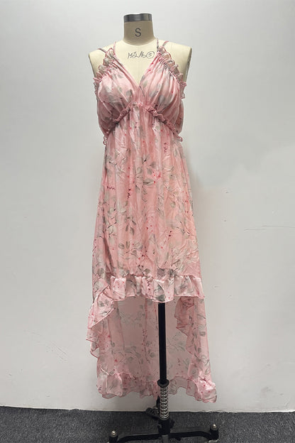 Vestido irregular con escote en V y espalda descubierta con flores dulces