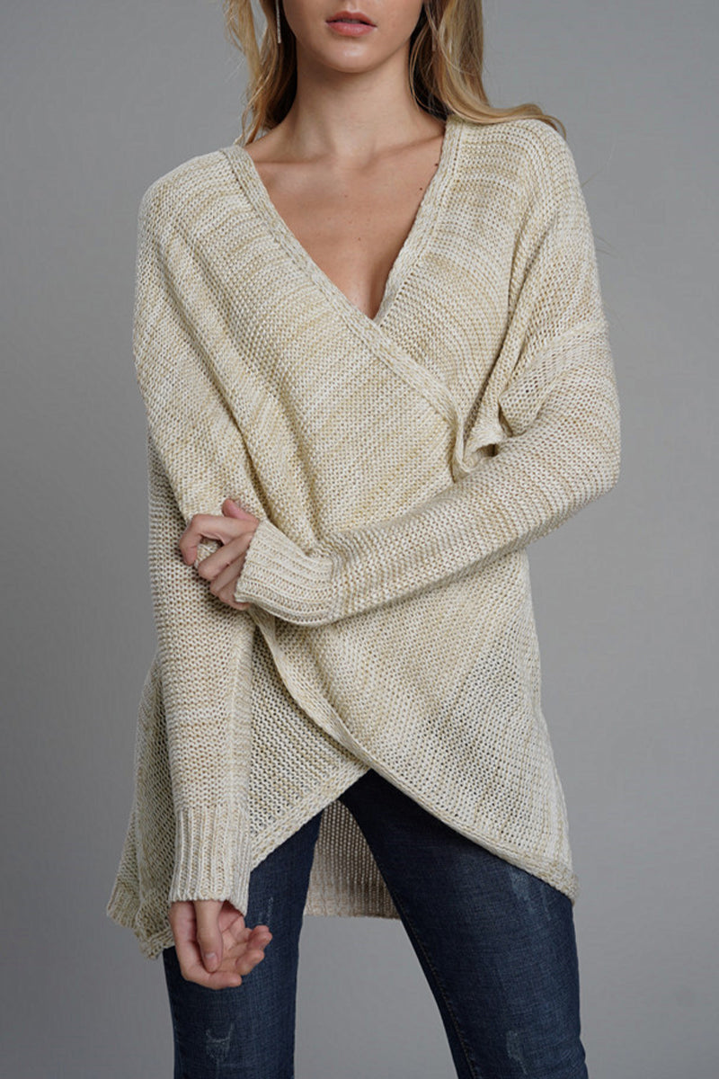 Tops casuales de cuello en V con patchwork sólido