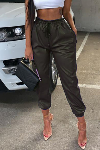 Pantalones casuales de calle de color liso con cordón ajustable y lápiz regular de color liso