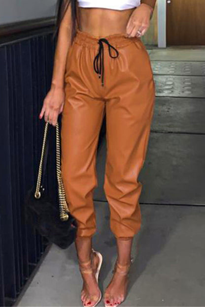 Pantalones casuales de calle de color liso con cordón ajustable y lápiz regular de color liso