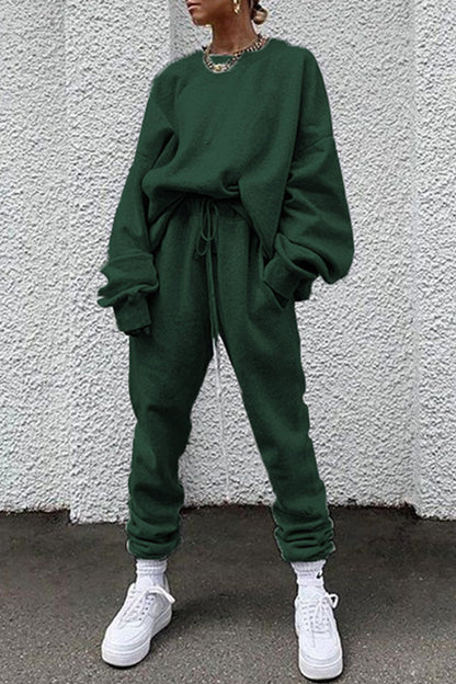 Casual Solid Pocket O Neck Long Sleeve Two Pieces(14 Colors)