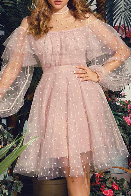 Vestidos de princesa con cuello alto, elegantes y dulces, de patchwork liso y medio cuerpo