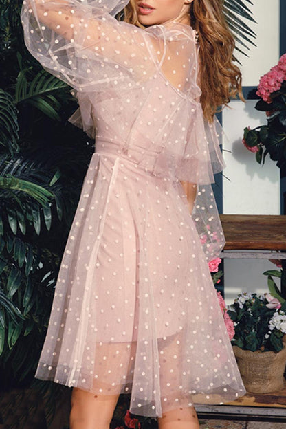 Vestidos de princesa con cuello alto, elegantes y dulces, de patchwork liso y medio cuerpo