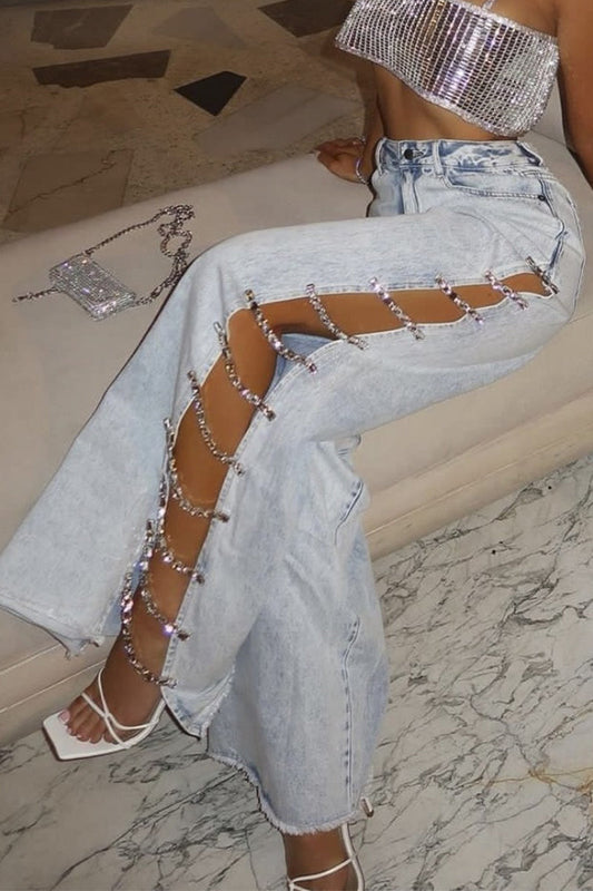 Vaqueros holgados de cintura alta con diamantes de imitación sólidos y ropa deportiva sexy