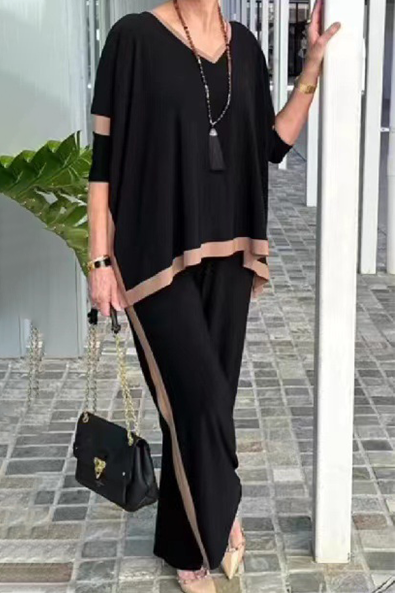 Conjunto informal de dos piezas con cuello en V, media manga y patchwork liso