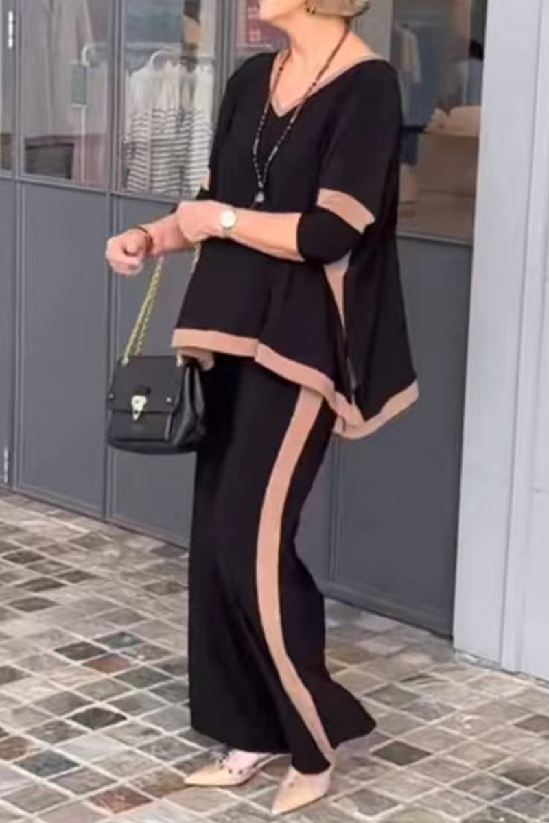 Conjunto informal de dos piezas con cuello en V, media manga y patchwork liso