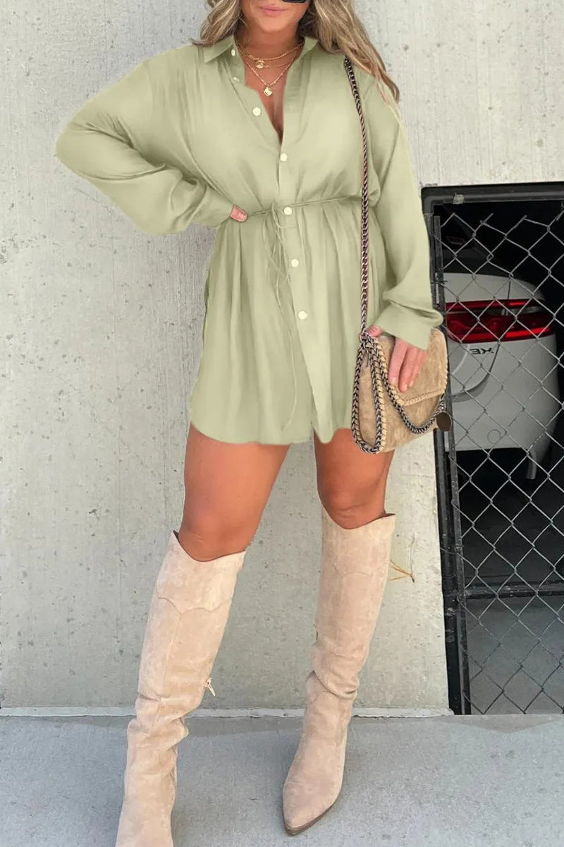 Conjunto informal de dos piezas con cuello vuelto, manga larga y frenillo liso (7 colores)