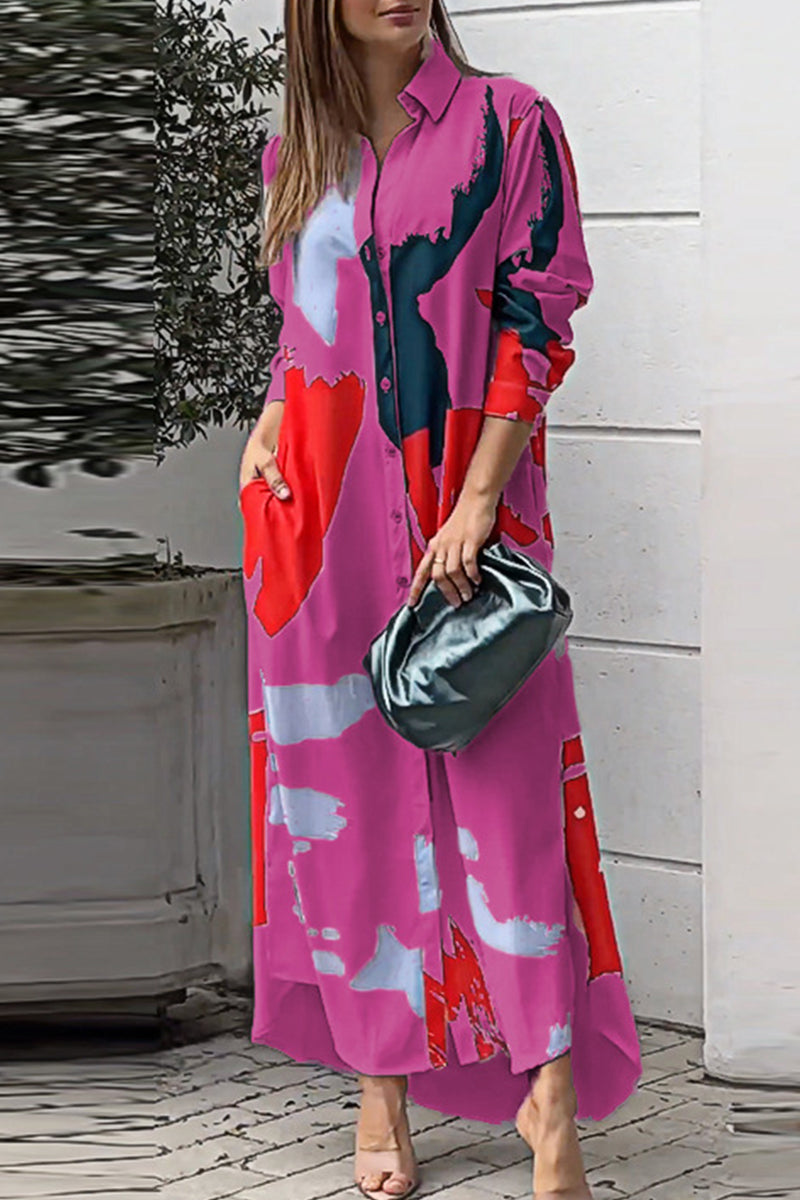 Vestidos camiseros informales con cuello vuelto y estampado geométrico urbano (9 colores)