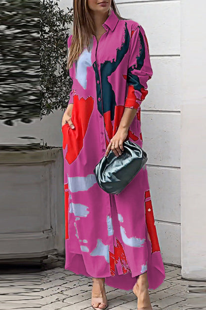 Vestidos camiseros informales con cuello vuelto y estampado geométrico urbano (9 colores)