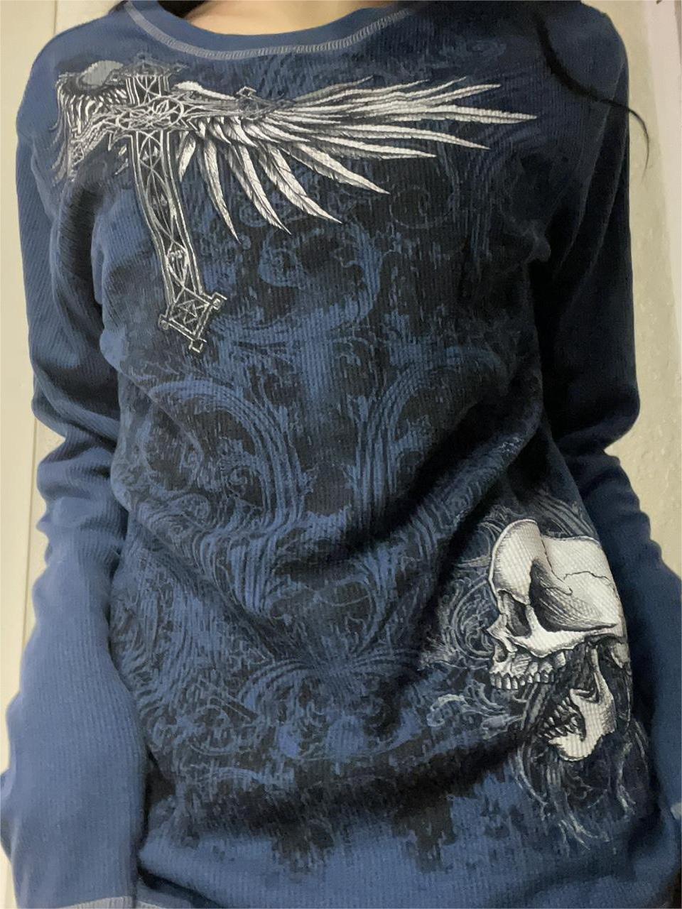 Vintage Punk Long Sleeve Knit Top with Skull Print