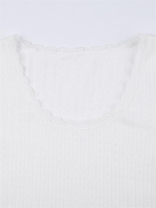White Long Sleeve Knit Top with Lace Trim