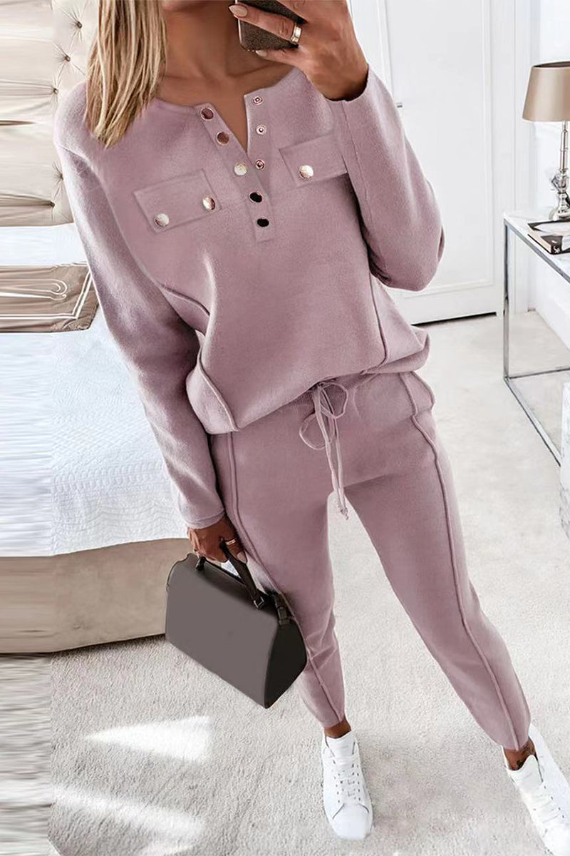 Conjunto informal de dos piezas con cuello en V y manga larga y hebilla (2 colores)