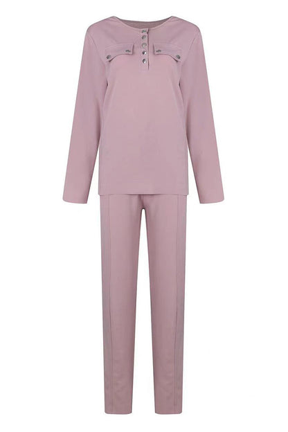 Conjunto informal de dos piezas con hebilla, color liso, escote en V y manga larga (2 colores)