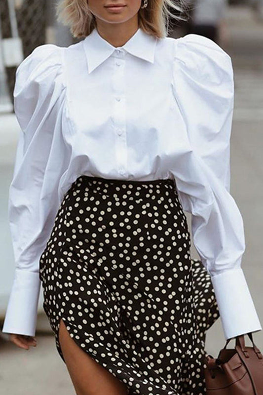 Blusa elegante de estilo británico con cuello vuelto y pliegues sólidos