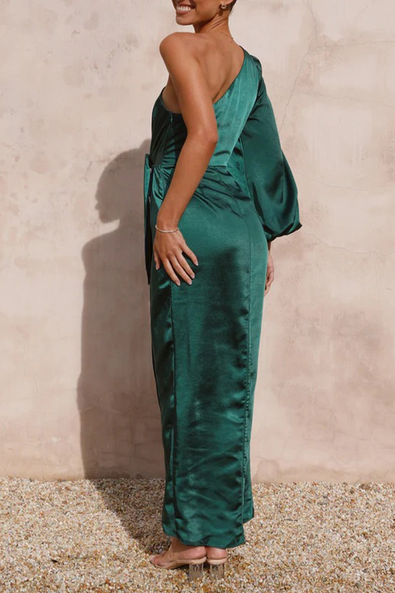 Elegante vestido asimétrico de cuello oblicuo con frenillo liso irregular (6 colores)