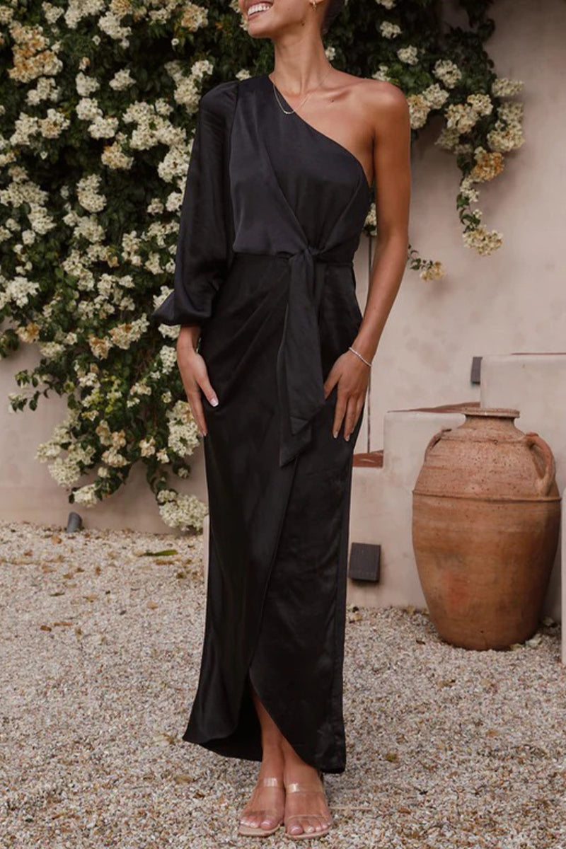 Elegante vestido asimétrico de cuello oblicuo con frenillo liso irregular (6 colores)