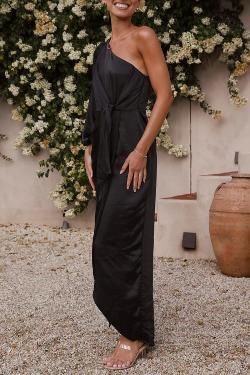 Elegante vestido asimétrico de cuello oblicuo con frenillo liso irregular (6 colores)