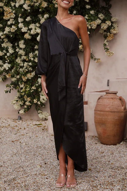 Elegante vestido asimétrico de cuello oblicuo con frenillo liso irregular (6 colores)