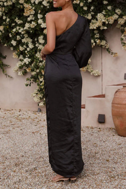 Elegante vestido asimétrico de cuello oblicuo con frenillo liso irregular (6 colores)