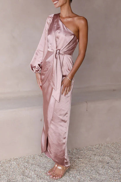 Elegante vestido asimétrico de cuello oblicuo con frenillo liso irregular (6 colores)