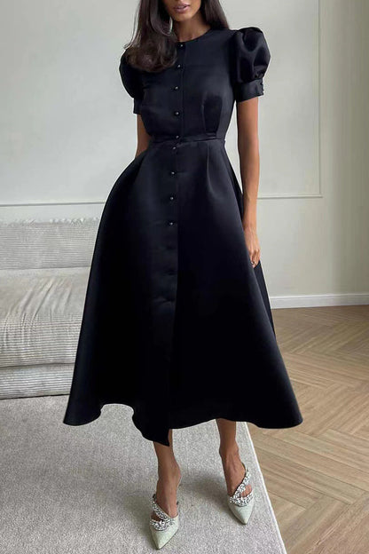 Vestido elegante de manga corta con cuello redondo y hebilla sólida (5 colores)