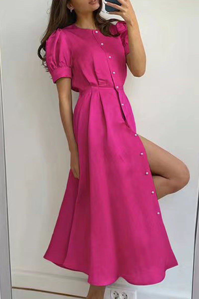 Vestido elegante de manga corta con cuello redondo y hebilla sólida (5 colores)