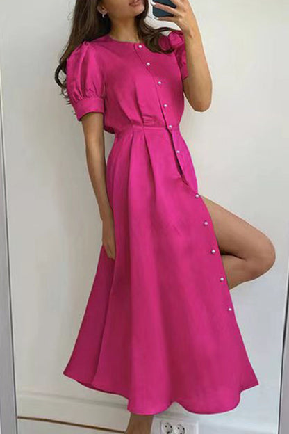 Vestido elegante de manga corta con cuello redondo y hebilla sólida (5 colores)