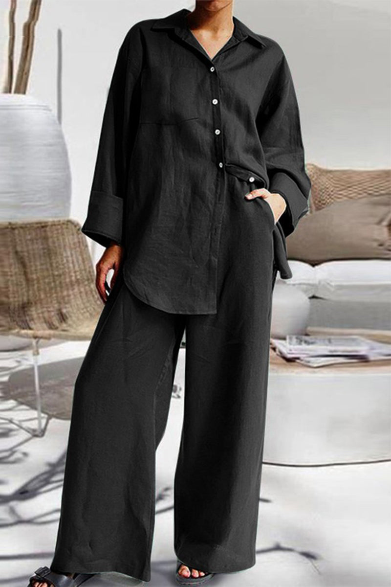 Casual Simplicity Solid Pocket Turndown Collar Long Sleeve Two Pieces(8 Colors)