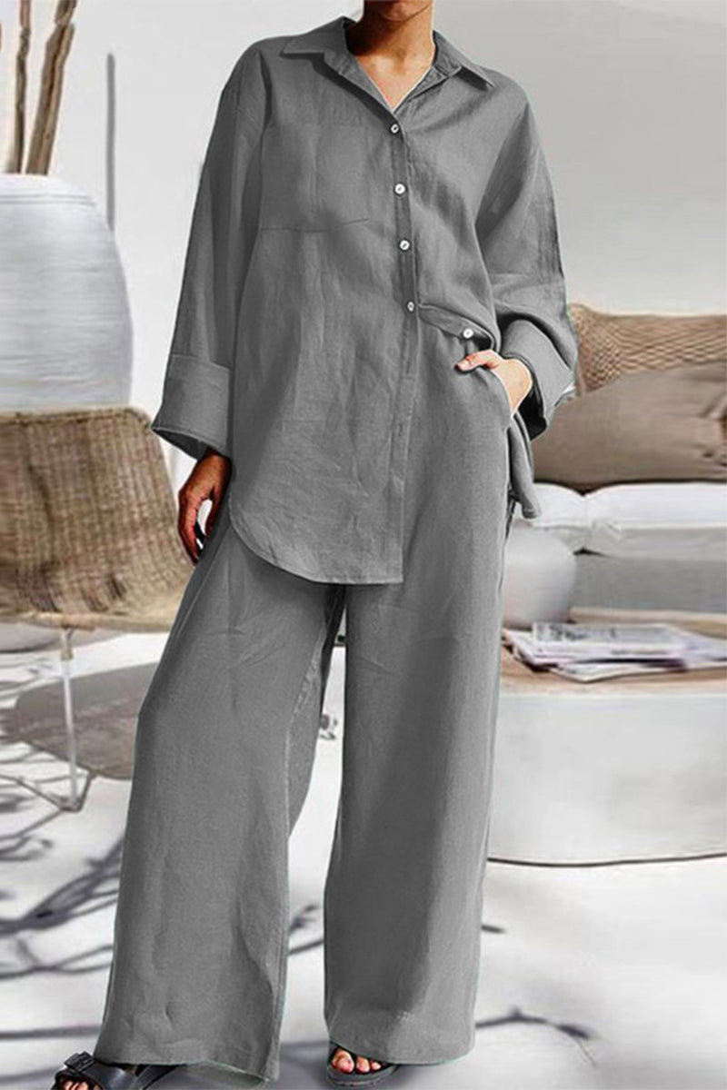 Casual Simplicity Solid Pocket Turndown Collar Long Sleeve Two Pieces(8 Colors)