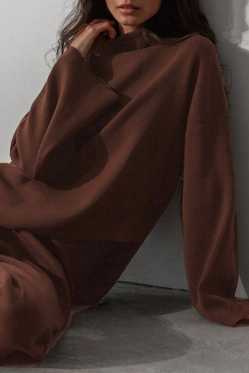 Conjunto casual de dos piezas de cuello alto asimétrico liso y manga larga