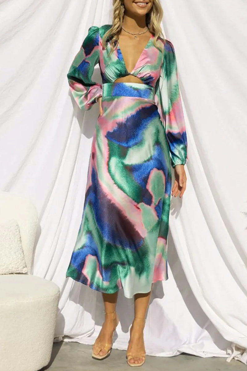 Vestidos sexis de corte A con escote en V, asimétricos y contrastantes, con cambio gradual