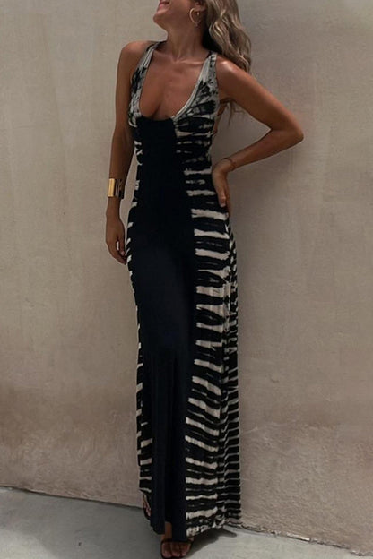 Vestido sexy de vacaciones con cuello en U, sin espalda y estampado