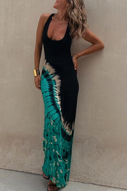 Vestido sexy de vacaciones con cuello en U, sin espalda y estampado