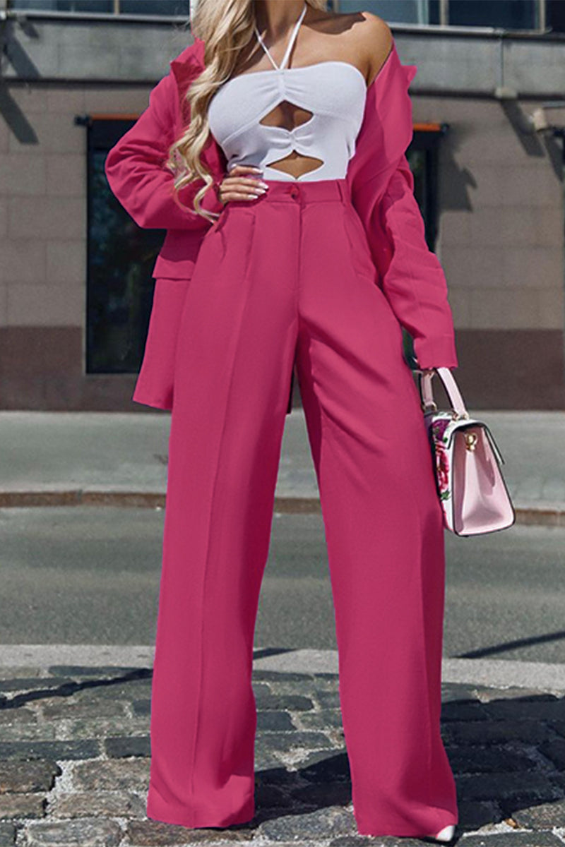 Conjunto informal de dos piezas con cuello vuelto, manga larga y bolsillos sólidos de estilo británico