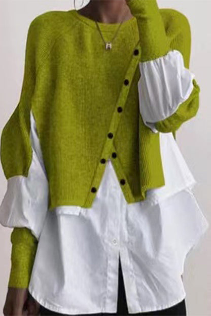 Blusas casuales de cuello redondo con botones y patchwork liso (6 colores)