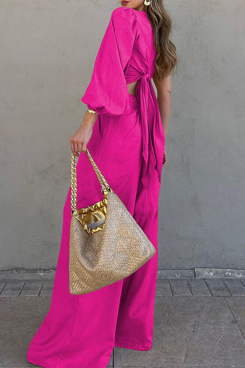 Elegante conjunto de dos piezas con cuello oblicuo, manga larga y bolsillo tipo vendaje liso