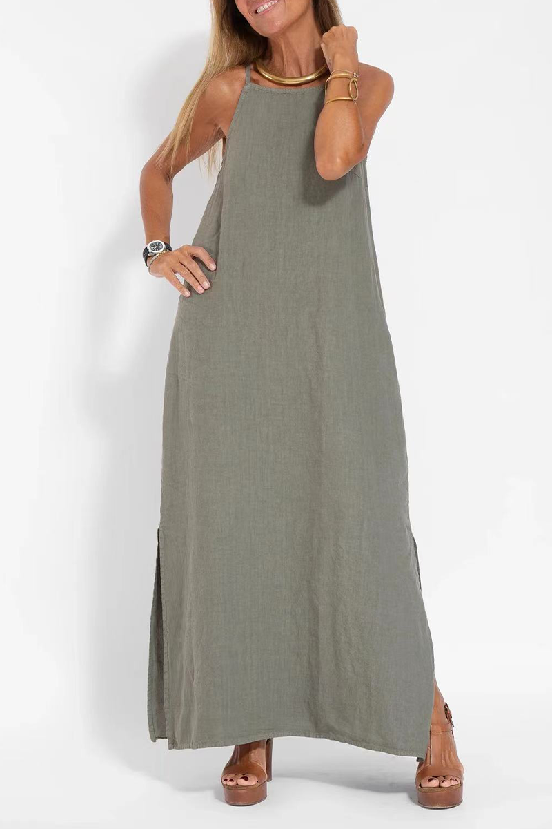 Vestido informal sencillo, liso, con abertura y cuello redondo, sin mangas (3 colores)