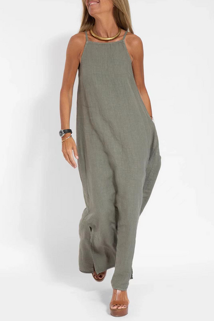 Vestido informal sencillo, liso, con abertura y cuello redondo, sin mangas (3 colores)